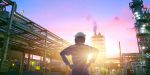 Worker working in petroleum industrial factories on sunset
